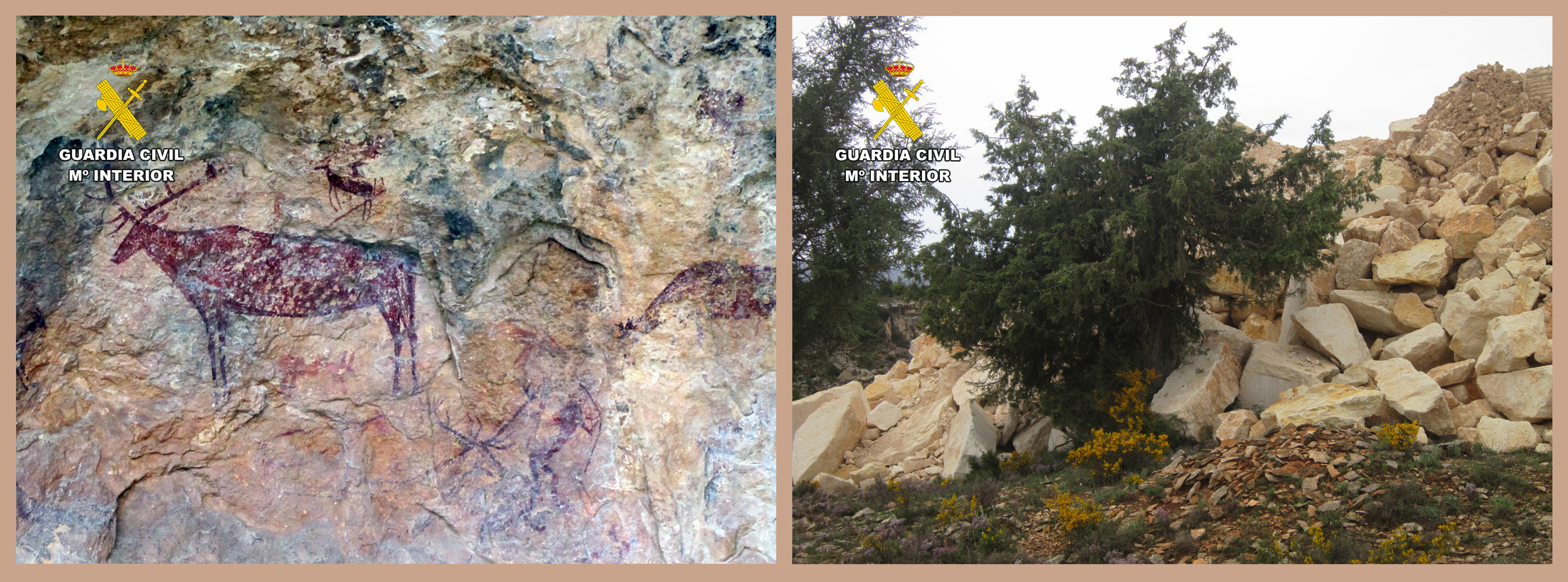 Pinturas rupestres en los conjuntos prehistóricos afectados, y piedras removidas. Fotos: GC de la Región Murcia