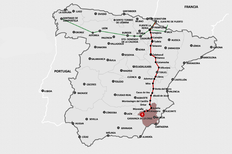 Imagen CC de Wikipedia, de Lahistoriademira. Modificación: sombreado de la Región de Murcia. (enlace: https://es.wikipedia.org/wiki/Camino_de_la_Vera_Cruz_desde_los_Pirineos#/media/Archivo:Camino_de_la_Vera_Cruz.png)