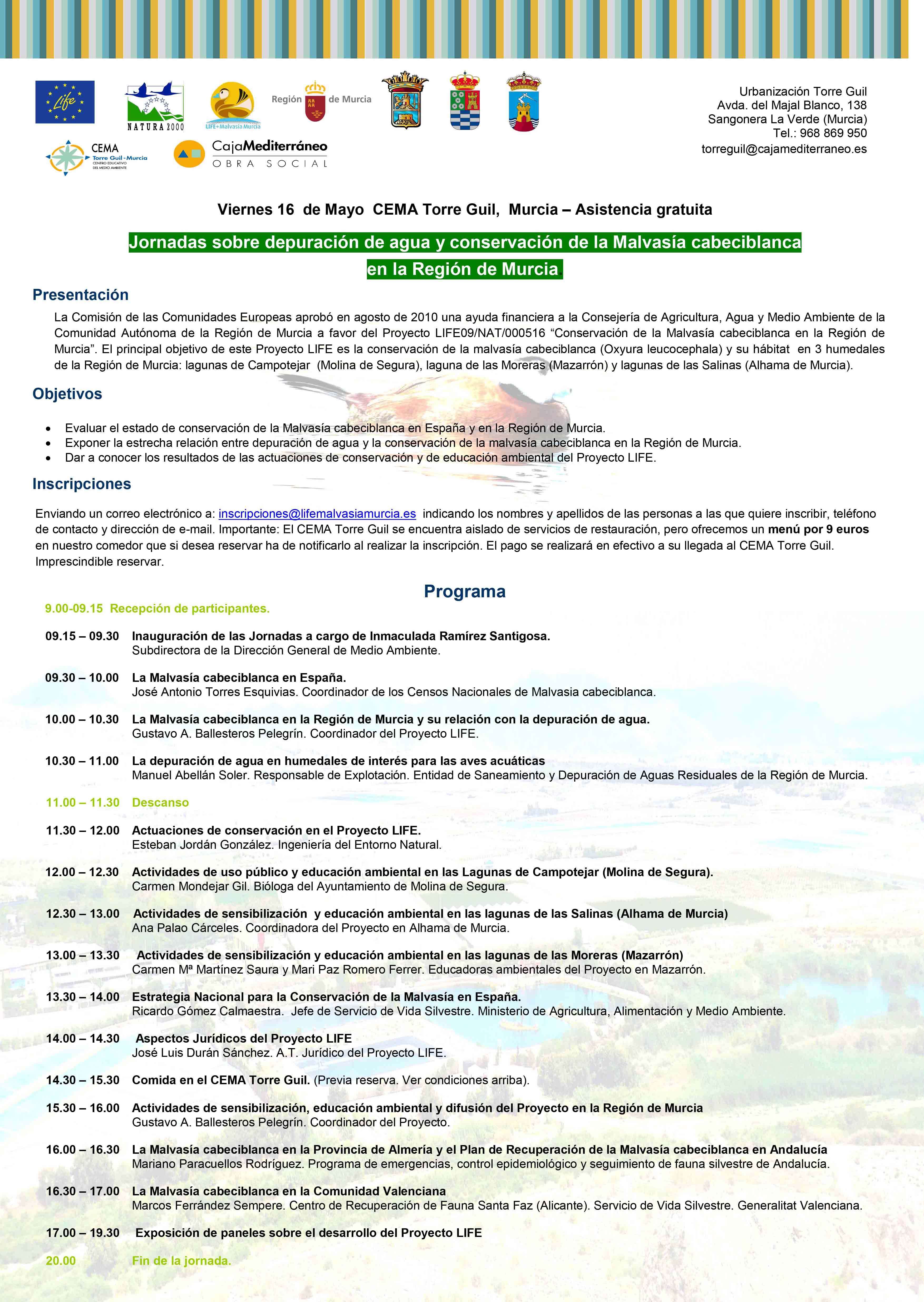 Cartel de la Jornada sobre depuración de agua y conservación de la Malvasía cabeciblanca