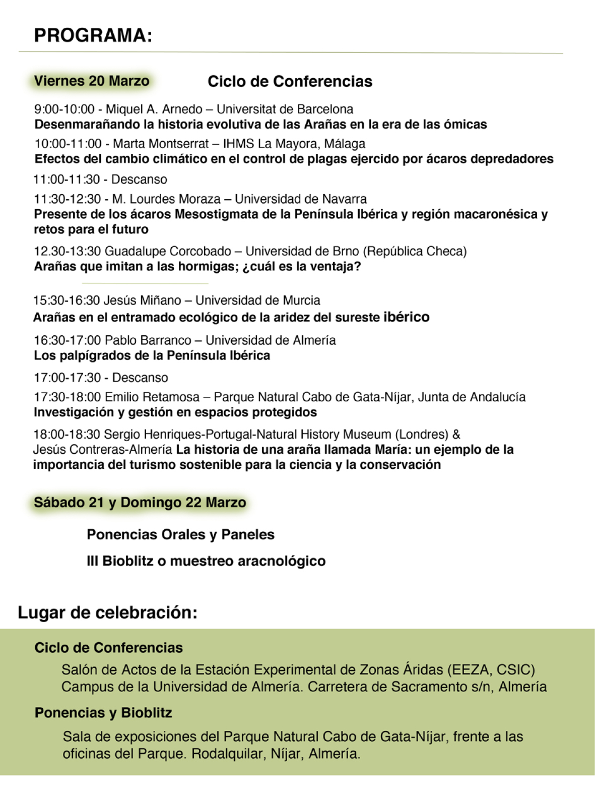 XV Jornadas del Grupo de Aracnología en Almería. Programa.