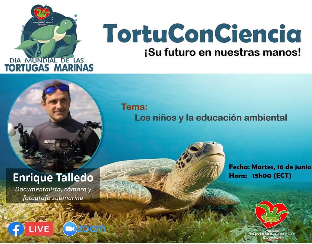 Cartel de la charla de Enrique Talledo sobre tortugas marinas. Con la Fundación contamos Contigo Ecuador