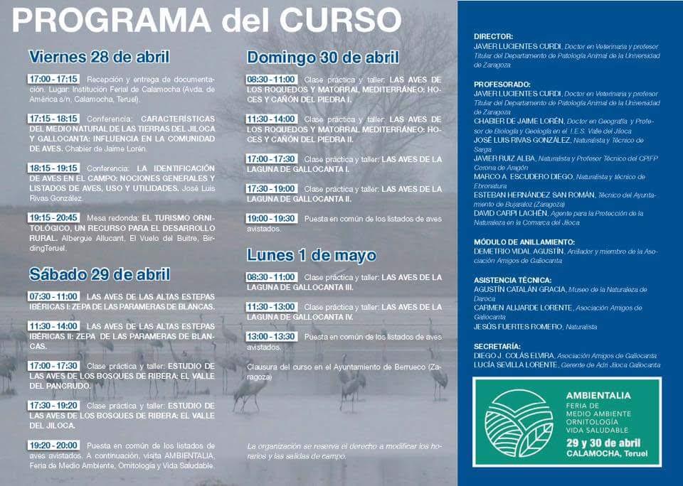 Programa del Curso de Ornitología Práctica, con la Universidad de Verano de Teruel