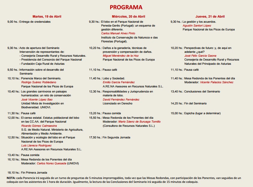 II Seminario sobre el lobo en el PN Picos de Europa. Programa