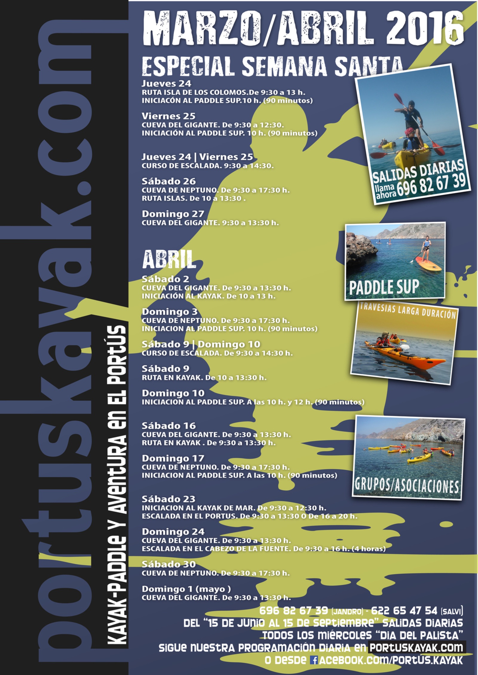 Programación de actividades de Portús Kayak en Marzo y Abril.