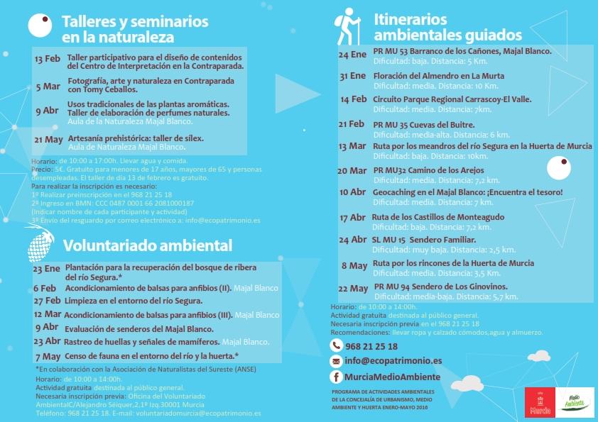 Programa de actividades ambientales en el Ayto. de Murcia, de enero a mayo.