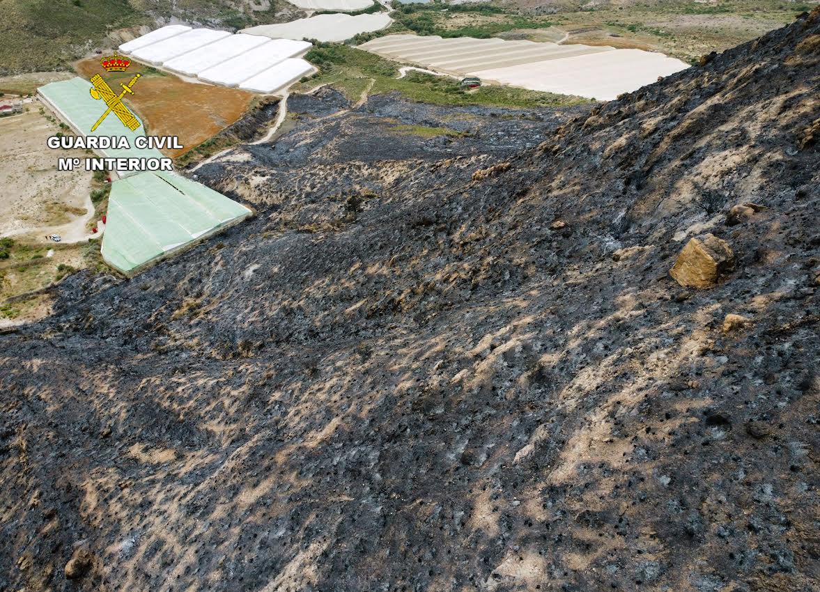 Terreno quemado tras un incendio forestal en Mazarrón este año. Foto: GC de Murcia