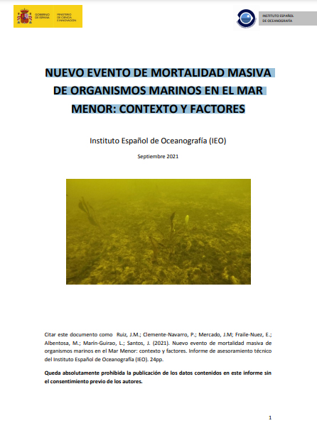 Portada del informe ‘Nuevo evento de mortalidad masiva de organismos marinos en el Mar Menor: contexto y factores’ del IEO