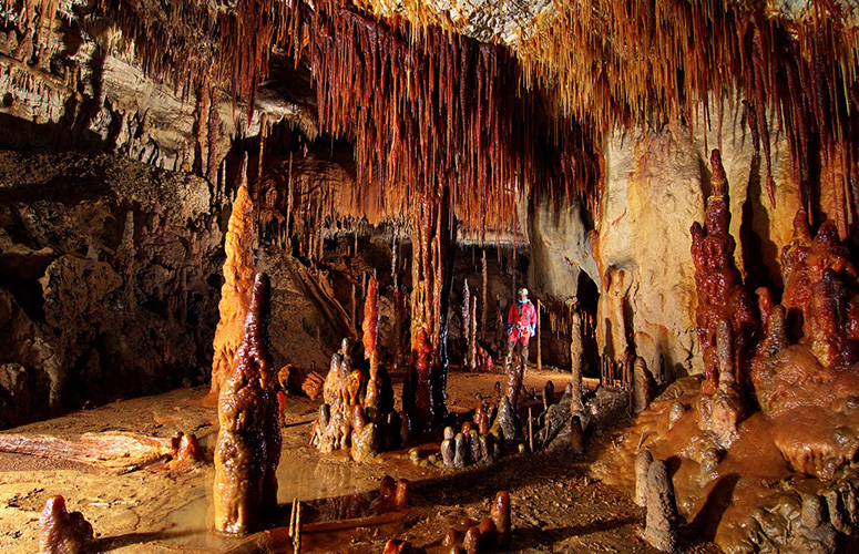La Sala Roja, dentro de la cueva de Goikoetxe, donde se ha realizado el estudio de las estalagmitas. Imagen: G.E. ADES  /  UPV/EHU