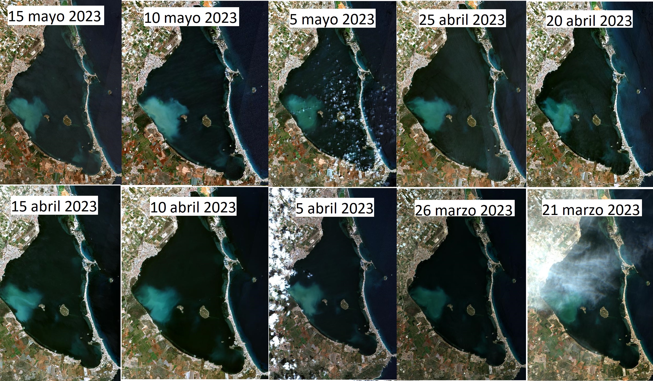 Secuencia de imágenes satélite donde se observa la evolución de la masa de agua en las últimas semanas obtenidas en el sistema de observación de Belich. Foto: IEO