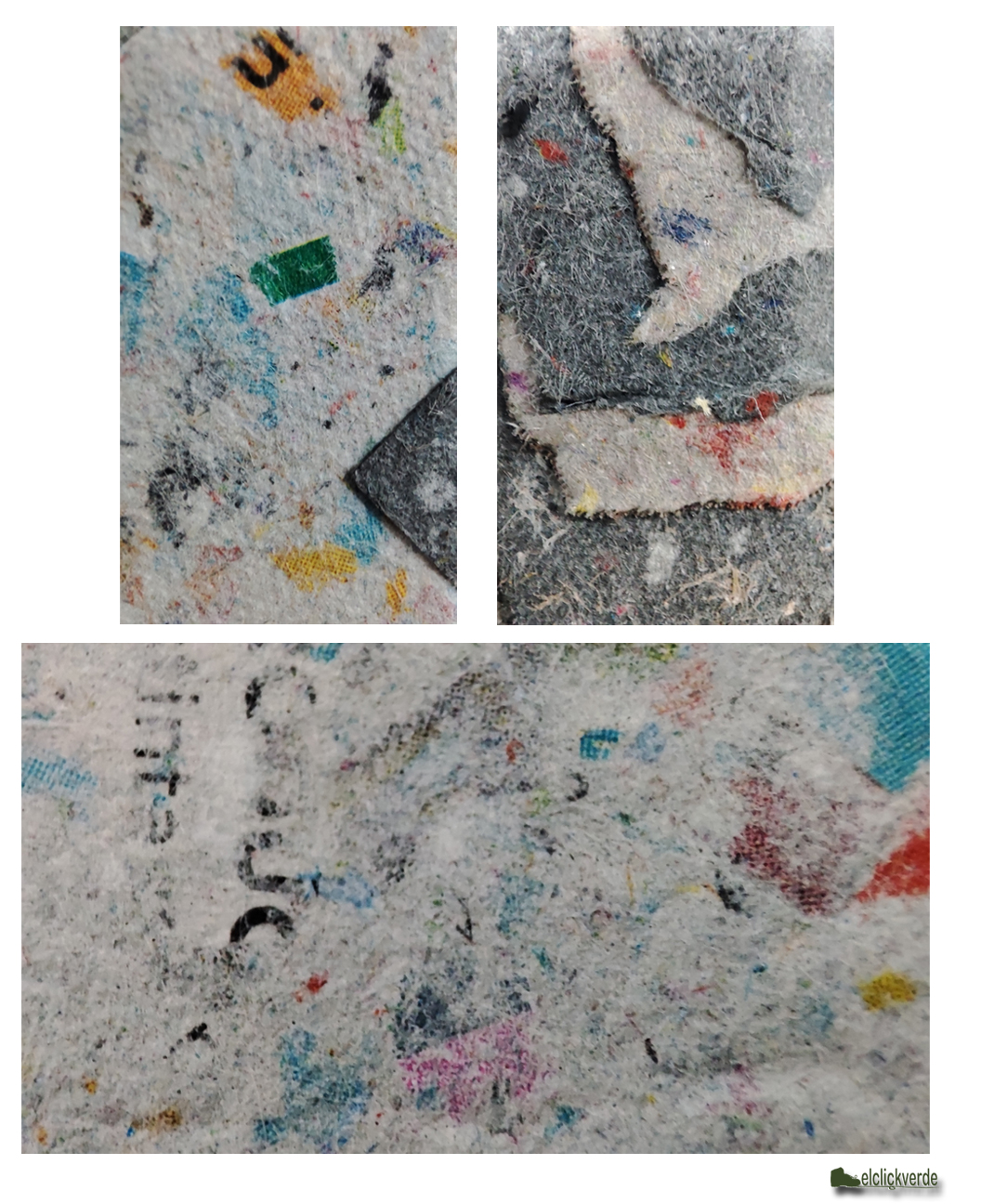 Tres tomas en fotografía macro que ponen a la vista la textura reciclada de varias de las piezas