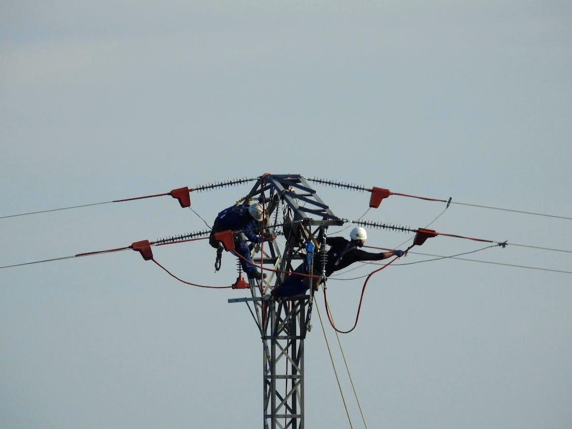 Operarios corrigen un tendido eléctrico para evitar electrocuciones de aves en la zona de liberación de los pigargos. Imagen: Grefa