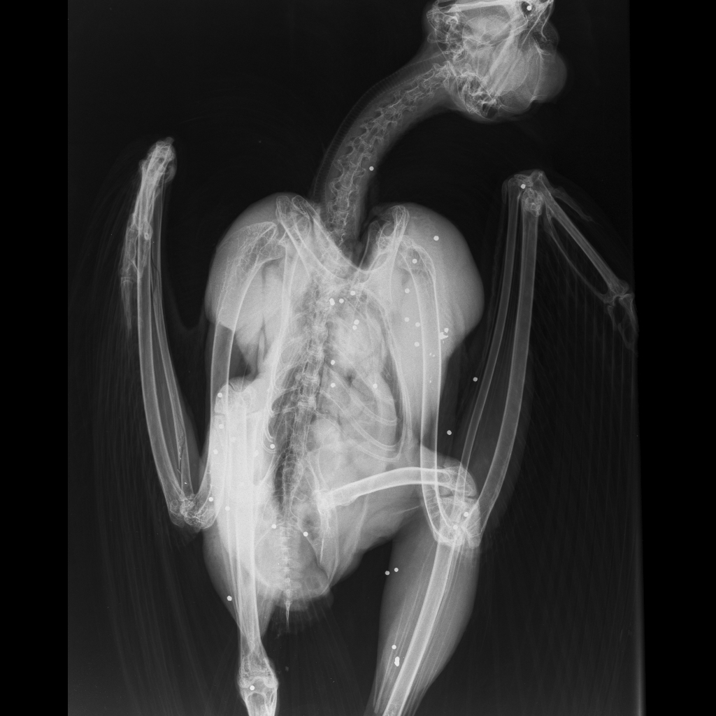 Radiografía de un búho real en la que se evidencian los perdigones de plomo generados por un disparo. Imagen: AMUS